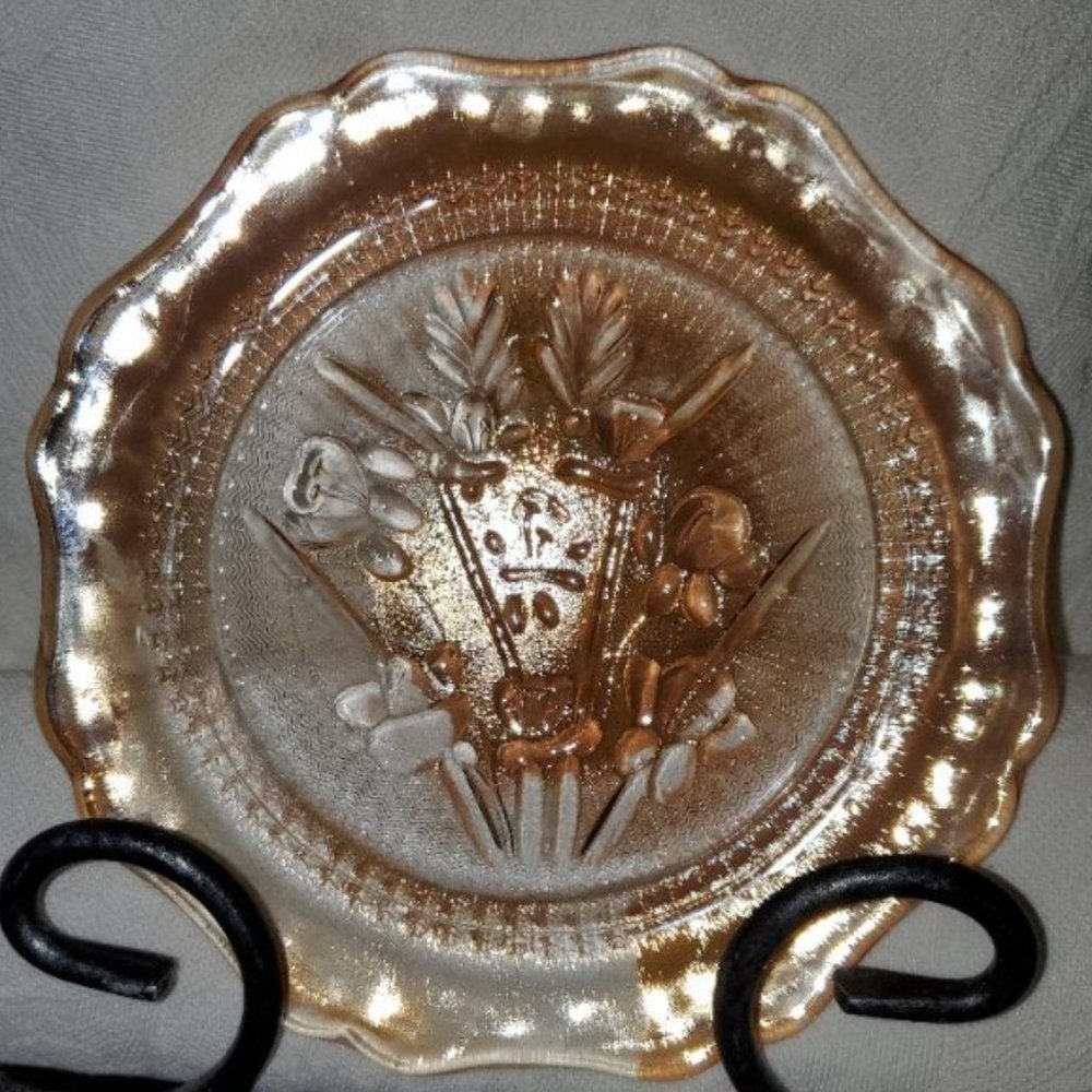 Vintage Carnival Glass Plate (Marigold in color with Iris flower pattern)